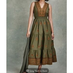 Olive Embroidered V‑Neck Tiered Maxi Dress